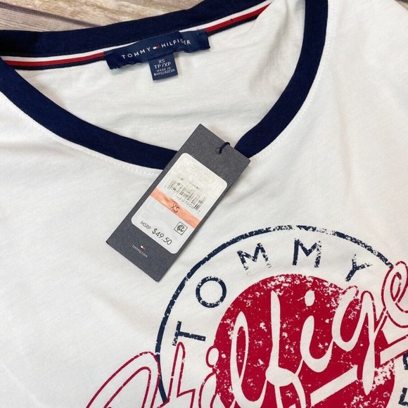 Tommy Hilfiger White/Red Short Sleeve Logo Tie-Front Tee XS/S - Picture 4 of 6